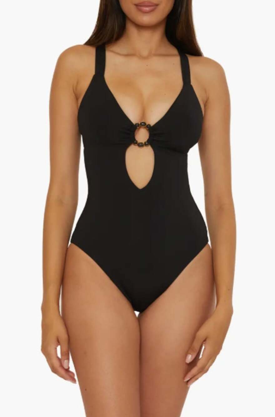 BECCA Women's Marble Canyon Ring One-Piece Swimsuit Small Black Cut Out NWT